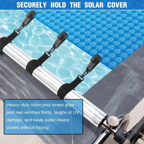 Lock That Heat In Tight With This Rock Solid 30 Piece Solar Cover Strap Kit featuring heavy-duty nylon straps and non-slip clips on pool reel.