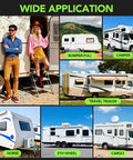 Collage showing RVs and trailers including travel trailer, bumper-pull, camper, horse, 5th wheel, and cargo under 'Wide Application' text.