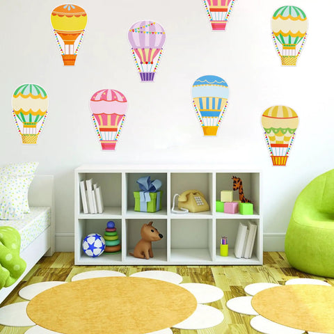 60 Colorful Hot Air Balloon Paper Cutouts With 120 Glue Dots, 6 Styles, 4.8 x 7.2 Inch Name Tags in a children's room