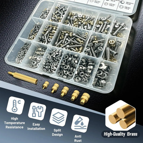 All In One Heat Set Insert Tool Kit With 880 Pieces Of Threaded Inserts Bolts Nuts Spacers And Soldering Iron organized in tray