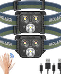 Rechargeable Dual Pack Headlamp With 1000 Lumen Bright White And Red LED 12 Modes Motion Sensor Waterproof Headlamp For Outdoor Fishing Camping Running Cycling, featuring dual headlamps with USB cords and motion sensor hand control.