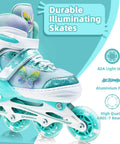 Girls Inline Skates for Kids Ages 3 to 12 with butterfly design and light-up wheels, durable aluminum frame visible on close-up