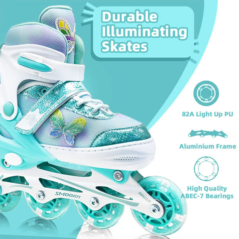 Girls Inline Skates for Kids Ages 3 to 12 with butterfly design and light-up wheels, durable aluminum frame visible on close-up