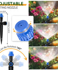 Adjustable misting nozzles for 65 feet greenhouse watering system with quick connect two way faucet adapter in garden setting.