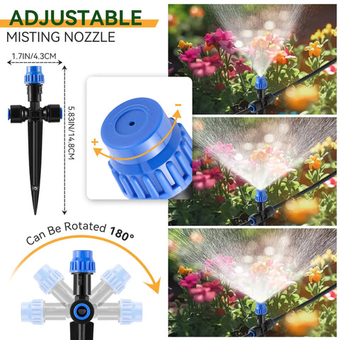 Adjustable misting nozzles for 65 feet greenhouse watering system with quick connect two way faucet adapter in garden setting.