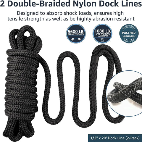 Two Pack Half Inch By Twenty Foot Dock Lines With Twelve Inch Loop For Docking And Mooring A Workhorse Marine Grade Nylon Double Braided Rope Low Stretch High Strength Fray Resistant Easy Handling Black