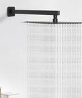 16 Inch Matte Black Stainless Steel Shower Arm Extension With Flange And Teflon Tape, Rust Resistant Sleek Bathroom Upgrade For Rainfall Heads, Standard Half Inch NPT Threads, Easy Install, Modern Look extending from wall with water flow