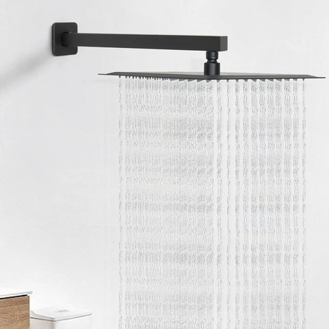 16 Inch Matte Black Stainless Steel Shower Arm Extension With Flange And Teflon Tape, Rust Resistant Sleek Bathroom Upgrade For Rainfall Heads, Standard Half Inch NPT Threads, Easy Install, Modern Look extending from wall with water flow