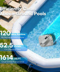Cordless Robotic Pool Cleaner For Above Ground Pools With 40W Suction, Dual Cleaning System, poolside placement, gray white