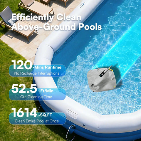Cordless Robotic Pool Cleaner For Above Ground Pools With 40W Suction, Dual Cleaning System, poolside placement, gray white