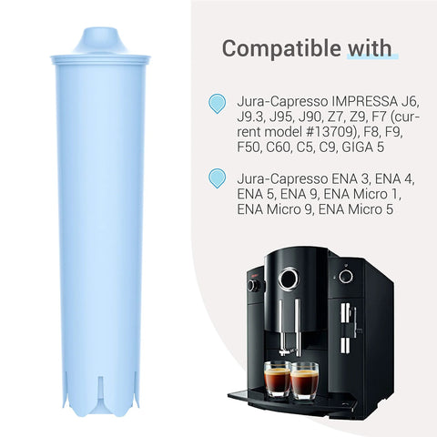 EcoAqua replacement coffee filter cartridge, blue cylinder, front view, for Jura/Capresso Clearyl machines, pack of 6