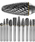 Set of carbide burrs with 10 pieces, 1/4 inch shank, 8mm head for die grinders. Essential carbide burr set 10 piece for metal and wood.