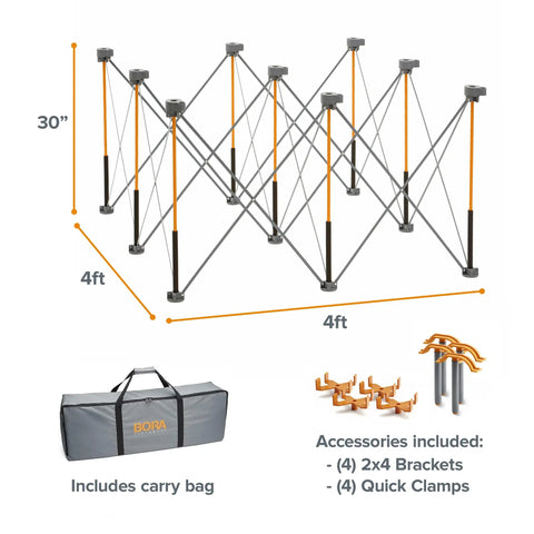 Centipede 30 Inch Folding Work Table Set No Assembly With 9 Struts Collapsible Frame 3500 Lb Capacity 4 By 4 Foot Mobile Work Station With Storage Bag Foldable Workbench Orange Black Heavy Duty Beast Mode, shown fully collapsed with carry bag and included accessories.