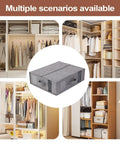 Heavy Duty Linen Bed Sheet Storage Organizer For Closet With Folded Blanket Pockets And Oversized Comforter Rack in gray, displayed amidst various closet settings.