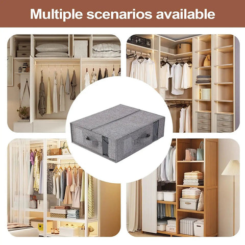 Heavy Duty Linen Bed Sheet Storage Organizer For Closet With Folded Blanket Pockets And Oversized Comforter Rack in gray, displayed amidst various closet settings.