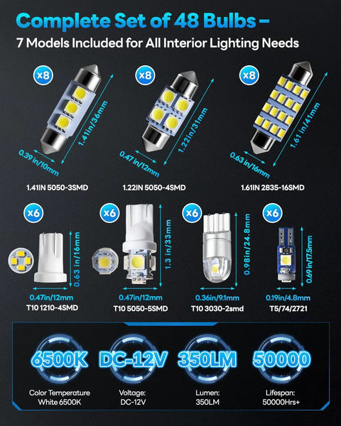 All In One Grab And Go 48 Piece Led Interior Car Lights Kit With 6500K White Bulbs For Dome Map Dash Door Trunk And License Plate