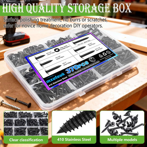 Ready For The Grind 370 Piece Phillips Truss Head Black Wood Screws With Rubber Washers Rustproof Zinc Plated Self Tapping Fastener Kit in storage box.