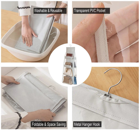2 Pack Hanging Handbag Organizer for Closet with 8 Pockets Space Saving Purse Storage showing polyester PVC material