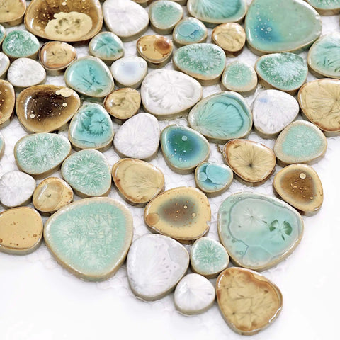 Pebble Porcelain Mosaic Tile Set Dope Glossy Aqua Cream Coffee Mix For Bathroom Walls Shower Floors Spa Decor Glass Ceramic Accent Tiles Water Resistant And Easy To Install Six Square Feet