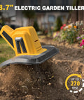 Cordless Garden Tiller Cultivator Compatible With 20V Battery Tool Only, 270 RPM Rotary Tiller in action on garden soil