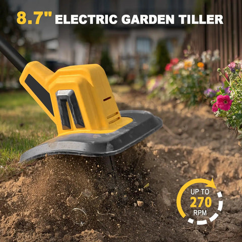Cordless Garden Tiller Cultivator Compatible With 20V Battery Tool Only, 270 RPM Rotary Tiller in action on garden soil