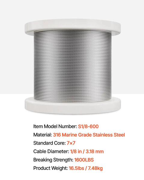 One Eighth Inch Stainless Steel Cable Railing Kit With Six Hundred Feet Of 316 Marine Grade Wire Built Tough For Outdoor Handrails Stairs Decks And Fences Includes Cutter And Gloves 1600 Lbs Breaking Strength 7x7 Strand spool