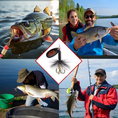 10 Piece Spinner Bait Set With Tackle Box, Rooster Tail Style Lures, fishers with catches including bass and trout, freshwater and saltwater use