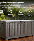 120 Gallon Outdoor Storage Box For Patio And Backyard Heavy Duty Resin Deck Box in rain showcasing weather resistance features