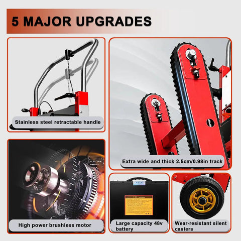 Upgraded 800W Electric Stair Climber With Removable 48V Battery And Extended Tracks For Super Easy Moving Up To 440 Pounds In Warehouses features stainless steel handle and brushless motor.