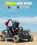Child driving a black 79cc 4 Stroke Gas Go Kart For Kids And Teens With 2.5HP Power on sandy terrain, wearing helmet and seat belt