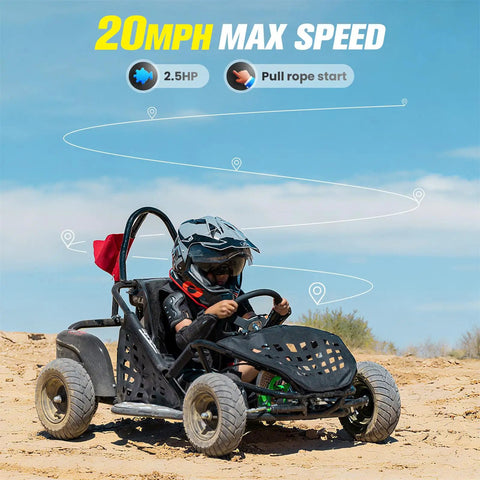 Child driving a black 79cc 4 Stroke Gas Go Kart For Kids And Teens With 2.5HP Power on sandy terrain, wearing helmet and seat belt