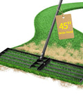 Heavy Duty 45 Inch Lawn Leveling Rake With 72 Inch Handle leveling grass and soil on a curved path, showcasing 45-inch wide head.