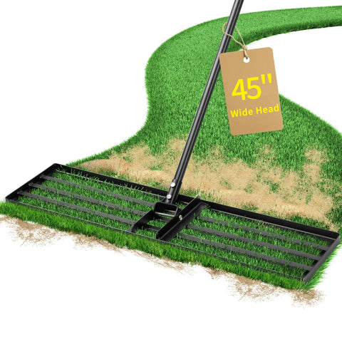 Heavy Duty 45 Inch Lawn Leveling Rake With 72 Inch Handle leveling grass and soil on a curved path, showcasing 45-inch wide head.