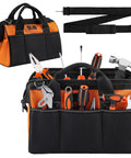 Heavy Duty Tool Tote Bag 14 Inch With Thick Outer Pocket Waterproof Organizer And Adjustable Shoulder Strap, Black and Orange, filled with tools