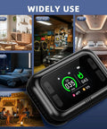 5 In 1 Carbon Monoxide And Gas Detector With Dual Alarm Built In Battery Plug In For Home RV Camping Travel Temperature And Humidity Black Real Time Alerts And Battery Backup For Peace Of Mind No Fuss displayed with its screen showing CO and gas levels.