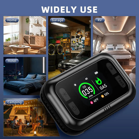 5 In 1 Carbon Monoxide And Gas Detector With Dual Alarm Built In Battery Plug In For Home RV Camping Travel Temperature And Humidity Black Real Time Alerts And Battery Backup For Peace Of Mind No Fuss displayed with its screen showing CO and gas levels.