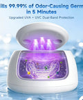 Keep Your Mouth Straight Fire Clean With This Ultrasonic Retainer Cleaner Using 45Khz Uv Deep Tech shows cleaner with UV light and denture inside.