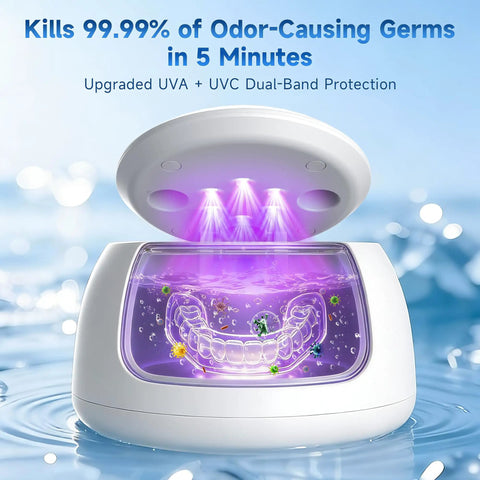 Keep Your Mouth Straight Fire Clean With This Ultrasonic Retainer Cleaner Using 45Khz Uv Deep Tech shows cleaner with UV light and denture inside.