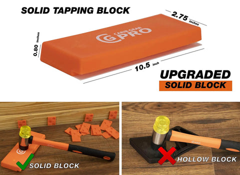 Professional Laminate Flooring Tools Kit With Tapping Block Pull Bar Rubber Mallet Knee Pads 45 Piece Pull Bar And 40 Piece Spacers showing solid tapping block dimensions and usage.