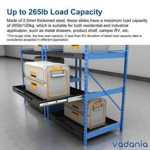 Warehouse shelves showcasing Grab These Rugged 22 Inch Soft Close Heavy Duty Drawer Slides That Can Handle Up To A Massive 265 Pound Load Capacity With Smooth 3 Fold Full Extension Ball Bearing Side Mount Design Comes As One Pair, with metal drawers in industrial setting.