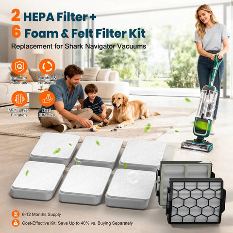 Premium Vacuum Filter Replacement For NV250 And Compatible With ZU102 ZU100 ZU60 ZU62 ZU51 Upright Vacuums display with images of filters and vacuum in use by family with dog.