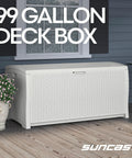 99 Gallon Outdoor Deck Box With Hinged Lid White All Weather Resin Storage For Patio Yard And Garage Large Organizer For Cushions Tools Gear Made In USA on patio