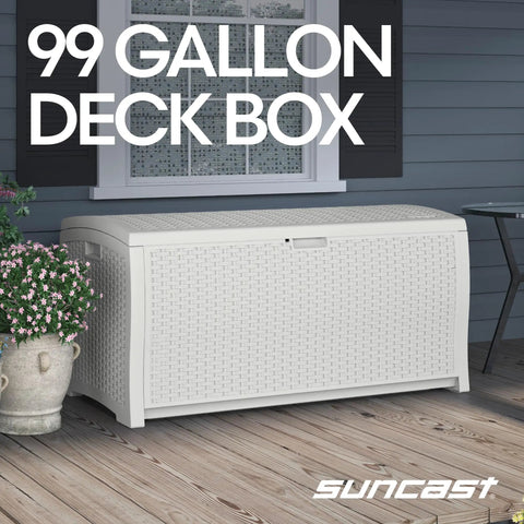 99 Gallon Outdoor Deck Box With Hinged Lid White All Weather Resin Storage For Patio Yard And Garage Large Organizer For Cushions Tools Gear Made In USA on patio