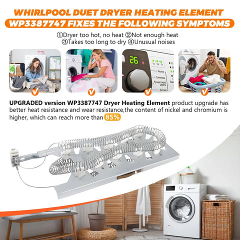 Heavy Duty Dryer Heating Element Replacement WP3387747 for Whirlpool, showing coil design and installation benefits for multiple dryers