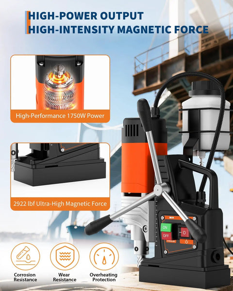 Heavy Duty 1750W Magnetic Drill Press showing high-performance motor and ultra-high magnetic force for steel and metalworking.