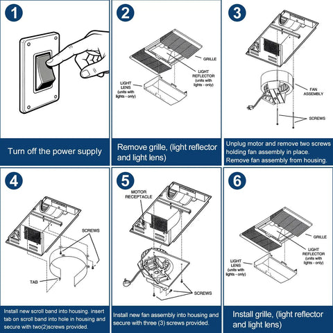 Step-by-step installation guide for Replacement Bathroom Exhaust Fan Motor With Blower Wheel, 70 CFM.