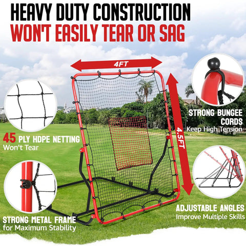 Image of Game Ready Pitch Back Rebounder Net For Baseball And Softball With 3 Adjustable Angles 4x4.5Ft showcasing heavy duty construction in backyard.