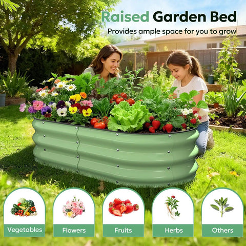 Two people using a No-Fuss Easy Start Raised Garden Bed 4x2x1 Ft Galvanized Metal Planter Box With Safety Edge Trim to grow plants.
