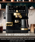 Top Shelf All In One Espresso Machine Featuring Built In Grinder And Hands Free Frother For Crisp Cold Brew And Fresh Drip Coffee Big Time Black Gold Edition displayed with glass mugs.