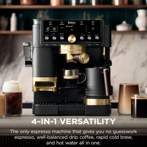 Top Shelf All In One Espresso Machine Featuring Built In Grinder And Hands Free Frother For Crisp Cold Brew And Fresh Drip Coffee Big Time Black Gold Edition displayed with glass mugs.